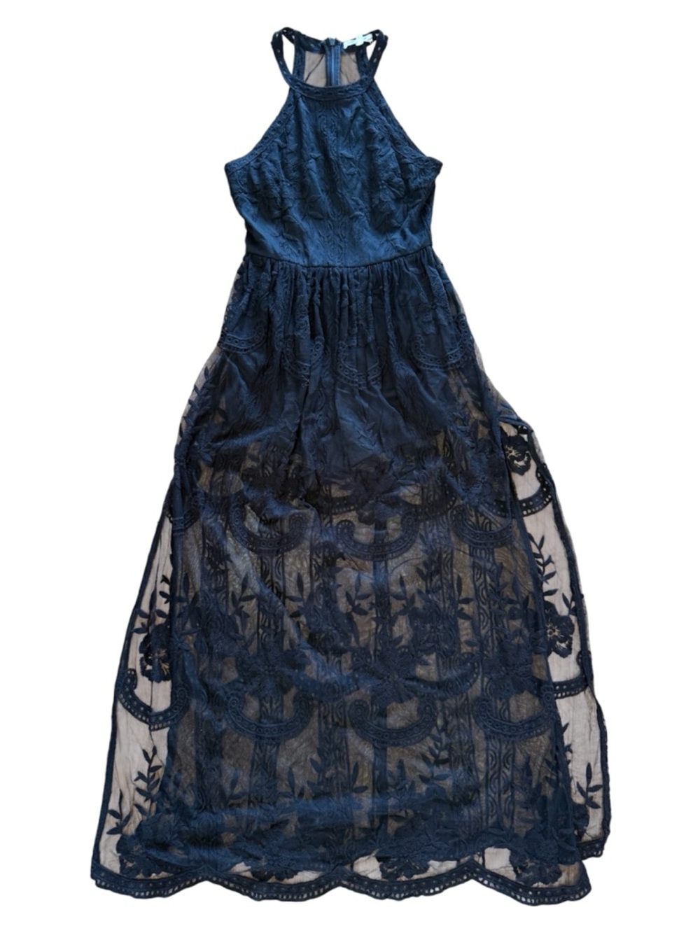 Black Sheer Lace Halter Maxi Dress Sz S Lined on Top and Mini Shorts Side Slits